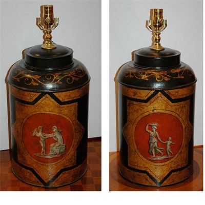 Lot 343 - Pair of Tole Canister Lamps Height 17 inches.