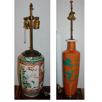 Lot 180 - Two Chinese Famille Verte Porcelain Lamps...