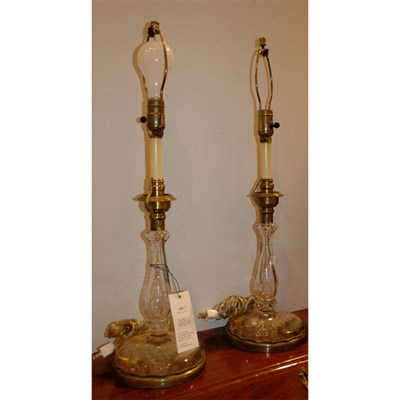 Lot 290 - Pair of Brass Mounted Glass Candlesticks Each...