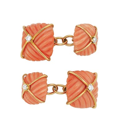 Lot 131 - Pair of Gold, Carved Coral and Diamond Cufflinks