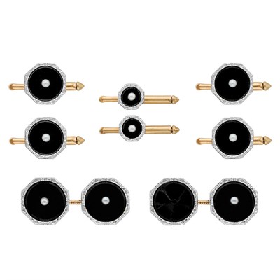 Lot 110 - Gold, Platinum, Black Onyx and Seed Pearl Dress Set