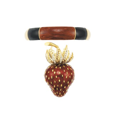 Lot 357 - Gold, Enamel and Diamond Strawberry Clip-Brooch and Enamel Bangle Bracelet
