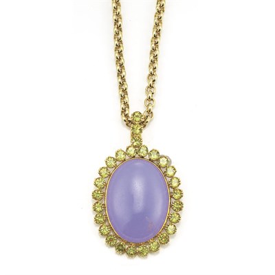 Lot 216 - Gold, Lavender Jade and Peridot Pendant with Gold Chain