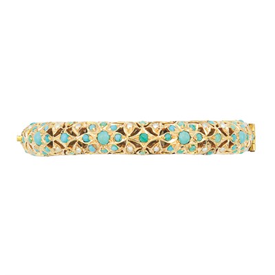 Lot 359 - Gold, Turquoise and Split Pearl Bangle Bracelet