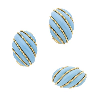 Lot 148 - Gold and Turquoise Enamel Ring and Pair of Earclips