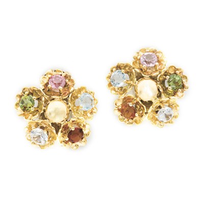 Lot 361 - Pair of Gold and Colored Stone Flower Earclips
