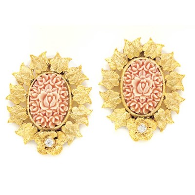 Lot 351 - Pair of Gold, Carved Coral and Diamond Flower Earclips