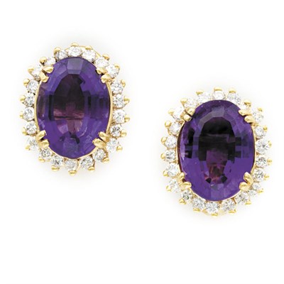 Lot 343 - Pair of Amethyst and Diamond Earclips