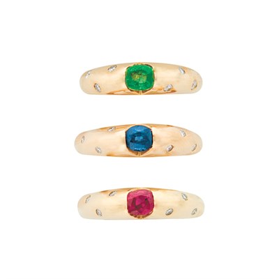 Lot 73 - Three Gold, Colored Stone and Diamond Gypsy Rings