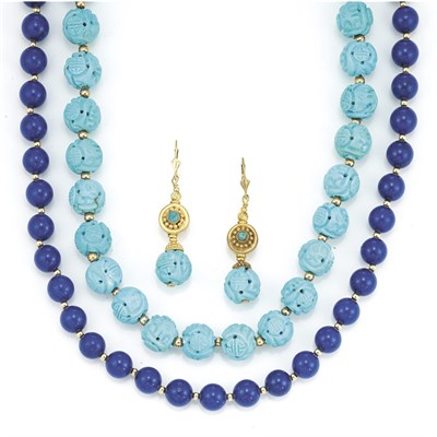 Lot 433 - Two Gold, Lapis and Carved Turquoise Bead Necklaces and Pair of Earrings