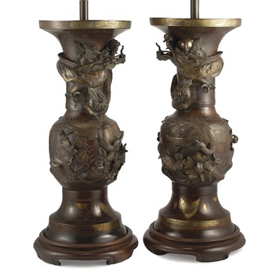 Lot 439 - Pair of Japanese Bronze Vases Each mounted as...