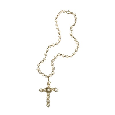 Lot 473 - Faux Pearl Sautoir with Wire Cross Pendant...