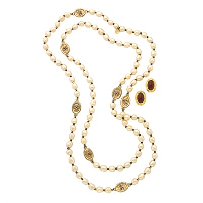 Lot 478 - Chanel Faux Pearl and Logo Plaque Sautoir and...