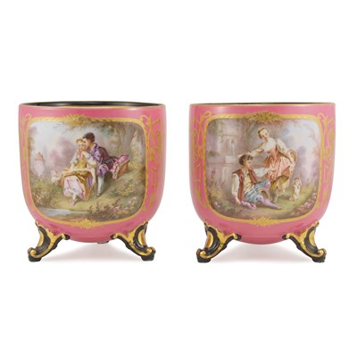 Lot 430 - Pair of Sevres Style Pink Ground Porcelain...