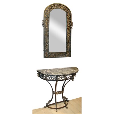 Lot 351 - Marble Top Iron Console and Mirror en Suite...
