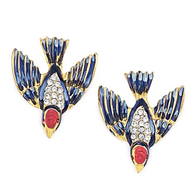 Lot 108 - Enameled Bird in Flight Earrings 1940s Gold...