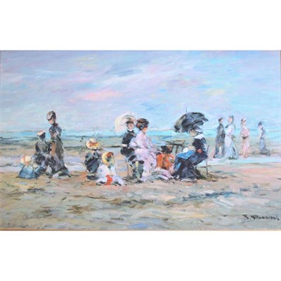 Lot 19 - J. Daveau An Afternoon at the Beach Signed J....