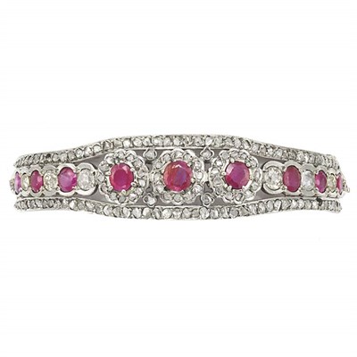 Lot 358 - Silver, Gold, Ruby and Diamond Bangle Bracelet