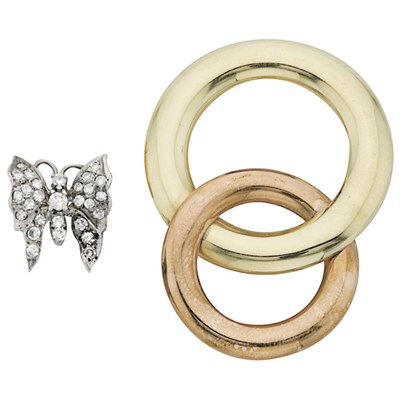 Lot 273 - Two-Color Gold Circle Clip-Brooch and Diamond Butterfly Pin