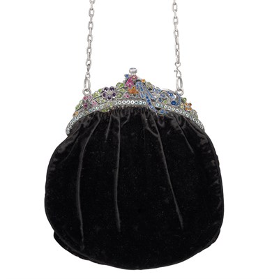 Lot 269 - Antique Silver, Gem-Set and Velvet Evening Purse with Carrying Chain