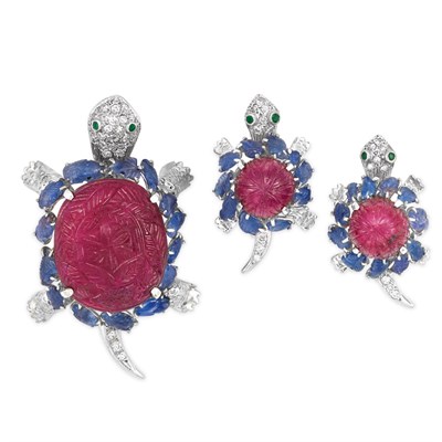 Lot 165 - White Gold, Carved Ruby, Sapphire and Diamond Turtle Brooch and Pair of Earclips