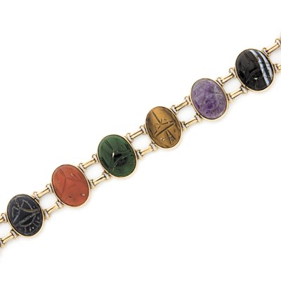 Lot 159 - Gold, Colored Stone and Hardstone Scarab Bracelet