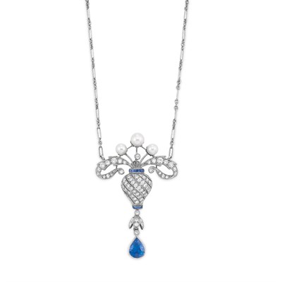Lot 340 - Diamond, Sapphire and Cultured Pearl Pendant with Chain