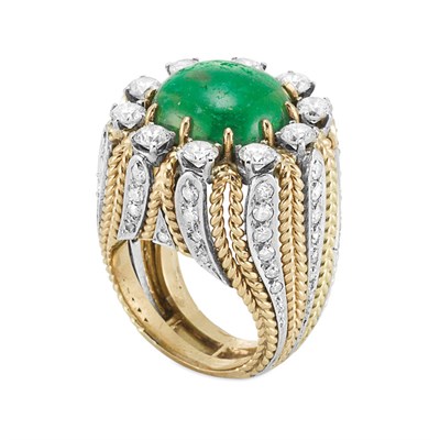 Lot 44 - Gold, Cabochon Emerald and Diamond Ring