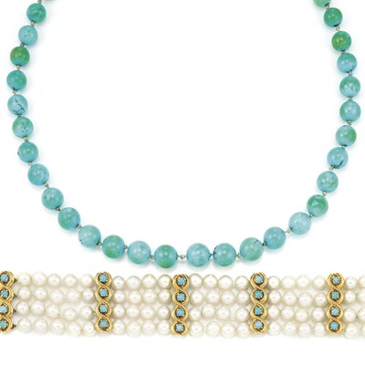 Lot 138 - Turquoise Bead Necklace and Four Strand Cultured Pearl, Gold and Turquoise Bracelet