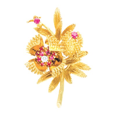 Lot 129 - Gold, Diamond and Ruby Flower Brooch
