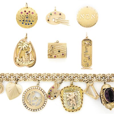 Lot 287 - Gold and Colored Stone Charm Bracelet and Six Loose Charms