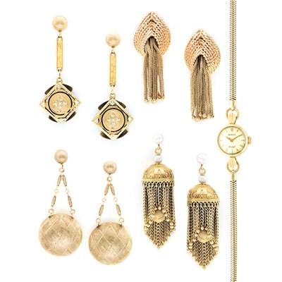 Lot 64 - Four Pairs of Gold Earrings and Gold Snake Chain Wristwatch, Rolex