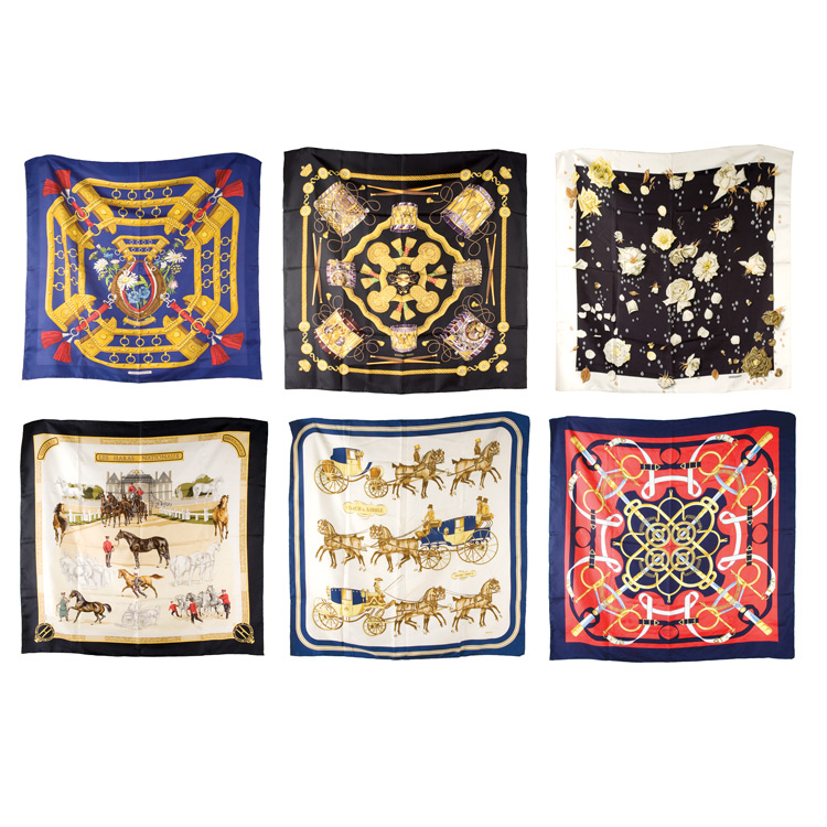 Lot 244 - Group of Hermes Scarves Comprising Aux Champs,...