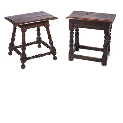 Lot 183 - Two Continental Oak and Walnut Joint Stools...