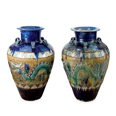 Lot 185 - Pair of Cambodian Glazed Earthenware Urns...
