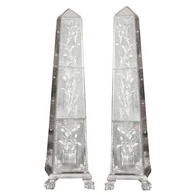 Lot 451 - Pair of Mirrored Obelisks on Silvered Wood...