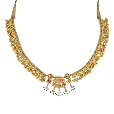 Lot 225 - Indian Gold, Foiled-Back Colored Stone and Seed Pearl Fringe Necklace