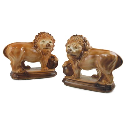 Lot 282 - Pair of Staffordshire Pottery Figures of Lions...