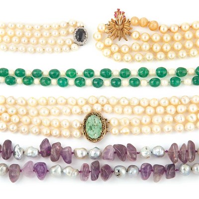 Lot 874 - Four Cultured Pearl Necklaces, Tumbled Amethyst Bead and Gray Baroque Cultured Pearl Necklace and Two Costume Necklaces