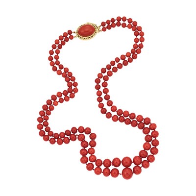 Lot 394 - Long Double Strand Oxblood Coral Bead Necklace