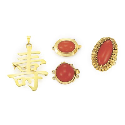 Lot 723 - Gold and Coral Ring, Two Clasps and Gold Pendant-Brooch