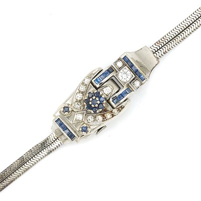 Lot 322 - White Gold, Diamond and Sapphire Double Strand Snake Chain Bracelet-Watch