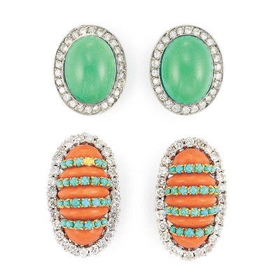 Lot 165 - Two Pairs of White Gold, Turquoise, Coral and Diamond Earclips