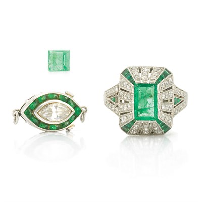 Lot 570 - Platinum, Emerald and Diamond Ring and Clasp and Loose Emerald