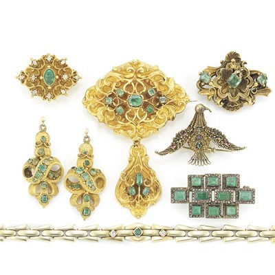 Lot 270 - Group of Antique Gold, Silver, Emerald and Diamond Jewelry