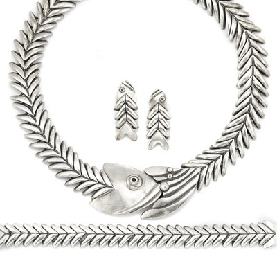 Lot 50 - Mexican Sterling Silver Fish Necklace, Bracelet and Pair of Earrings