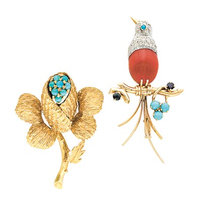 Lot 230 - Two Gold and Colored Stone Brooches