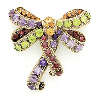 Lot 77 - Large Silver, Gold, Colored Stone and Diamond Bow Brooch
