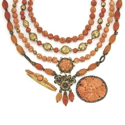 Lot 592 - Group of Carved Coral and Coral Jewelry and Carnelian Bead Necklace