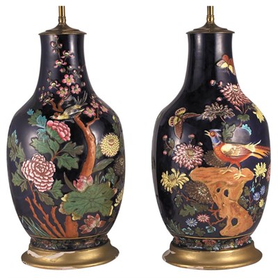 Lot 461 - Pair of Floral Decorated Blue Porcelain Lamps...